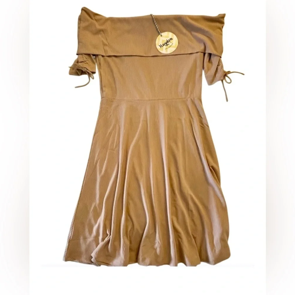 NWT- Small Soft Brown Cold / Off Shoulder  Ribbed Night out Dress 2026 Spring